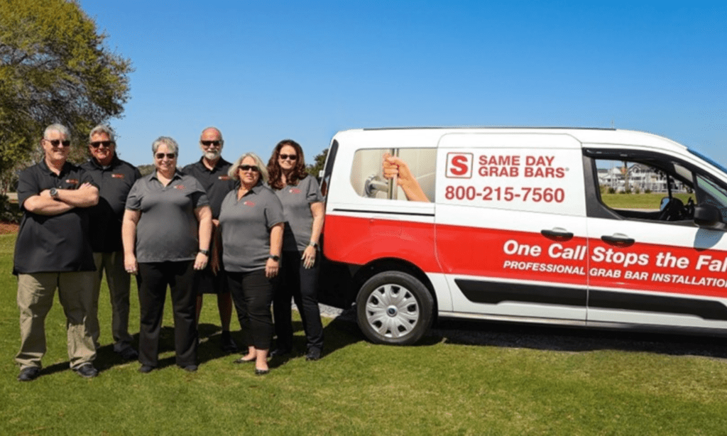Employees and company van from Grab Bars, one of the Small Business Spotlights on our SBC page