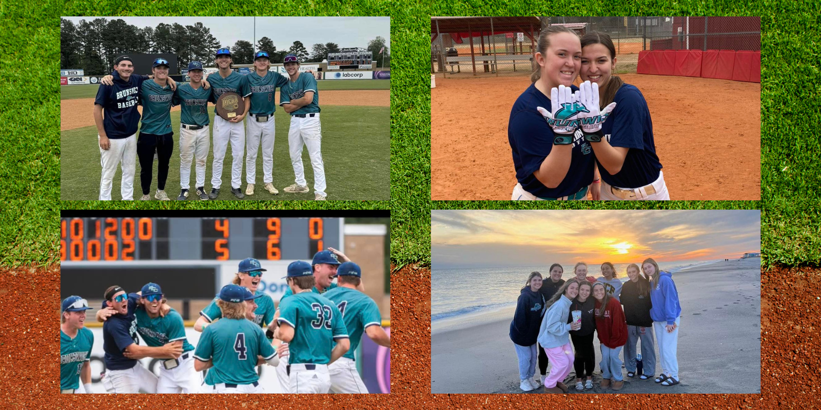 four photos of BCC baseball and softball players