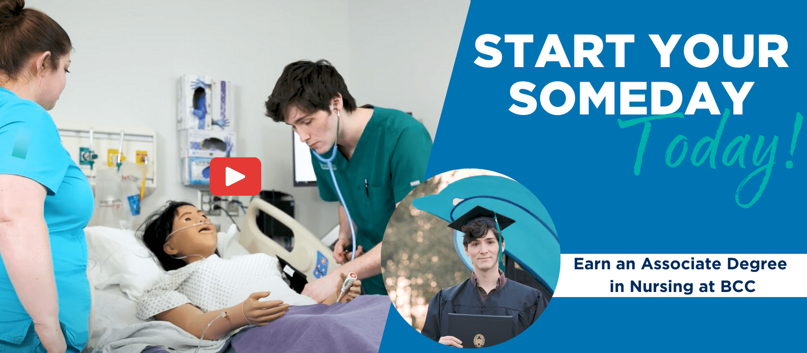 A banner featuring nursing students with a link to view a video about the program