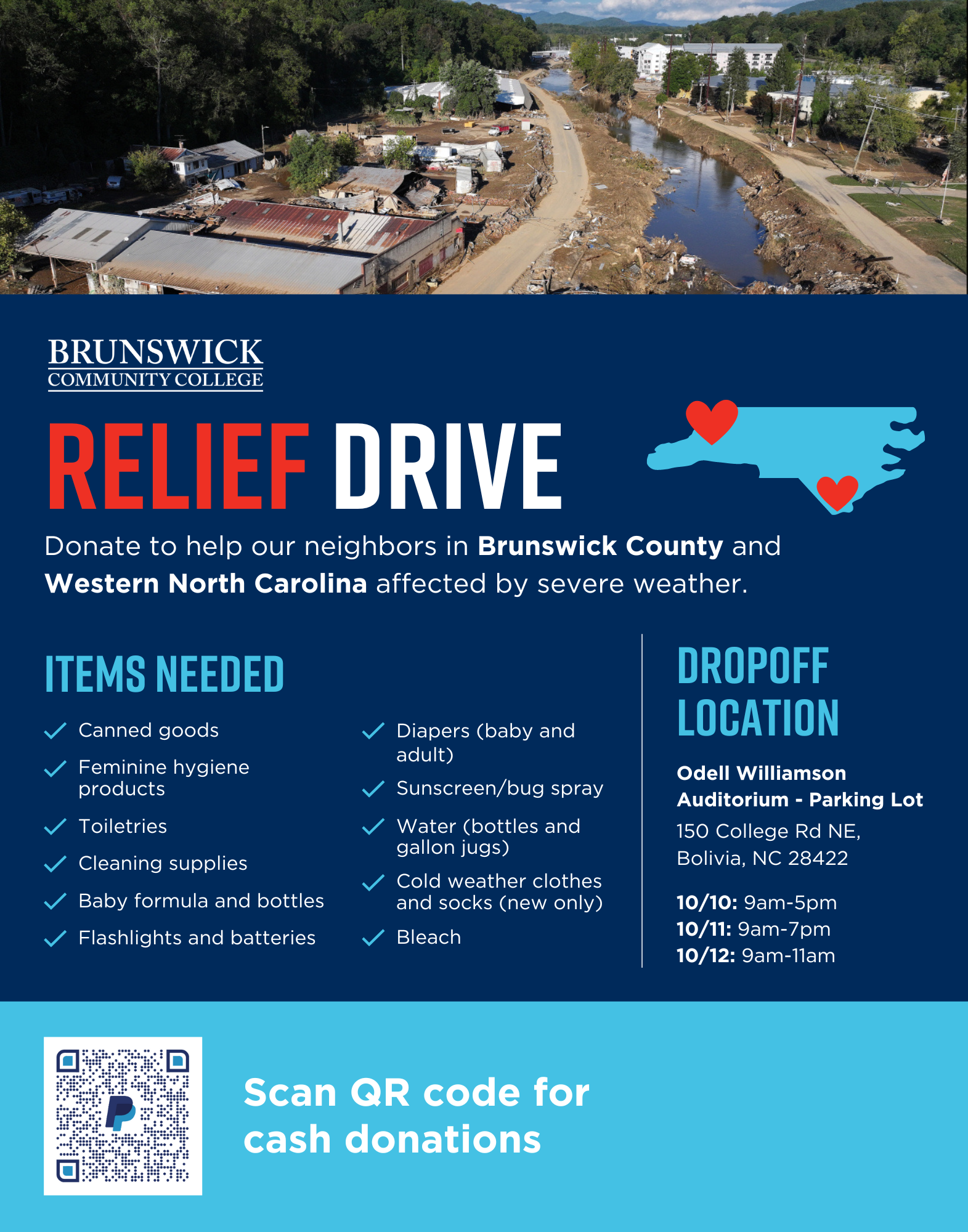 A flyer showing devastated areas of Western NC with a list of items needed and being collected by the BCC Relief Drive