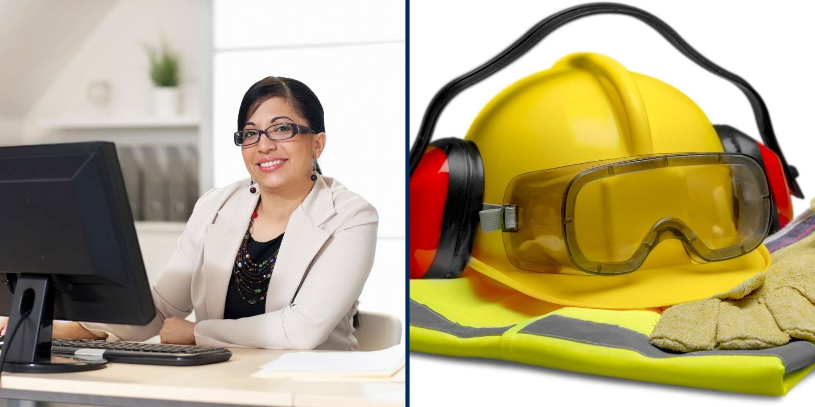 A collage of two photos, one of a female administrative assistant and the other of construction safety gear