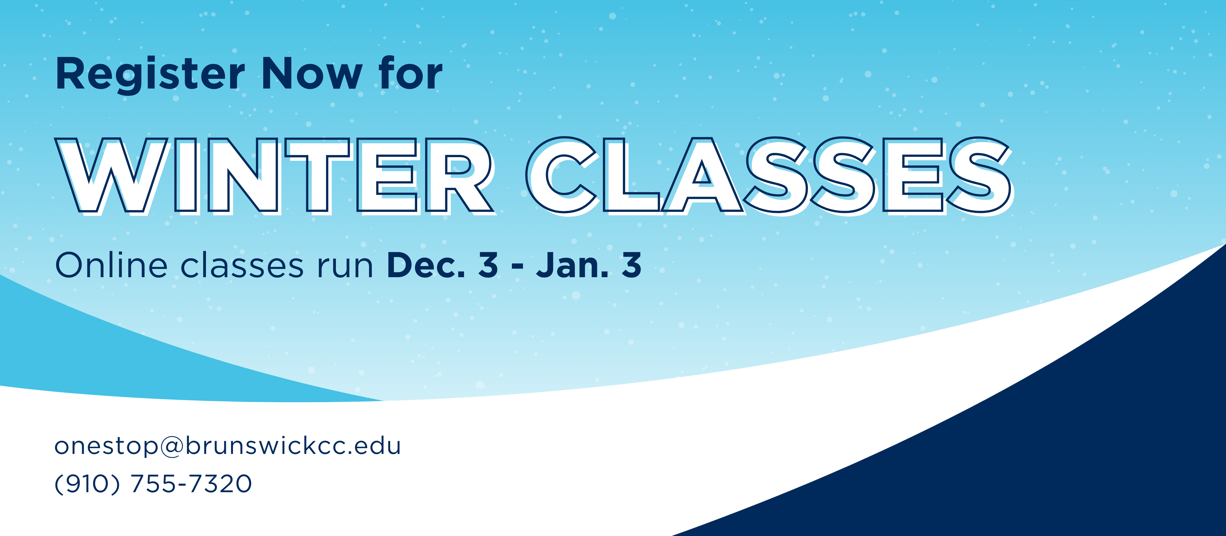 A blue and white winter-themed banner design announcing Winter Classes