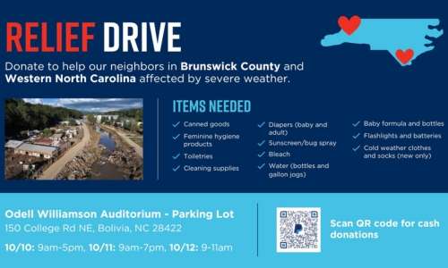 A flyer showing devastated areas of Western NC with a list of items needed and being collected by the BCC Relief Drive