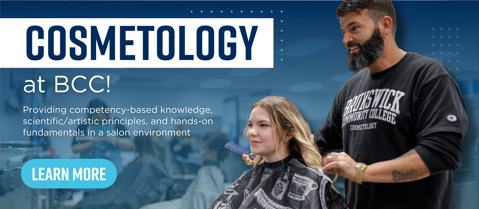 A cosmetology student styling a customer's hair in the Student Salon