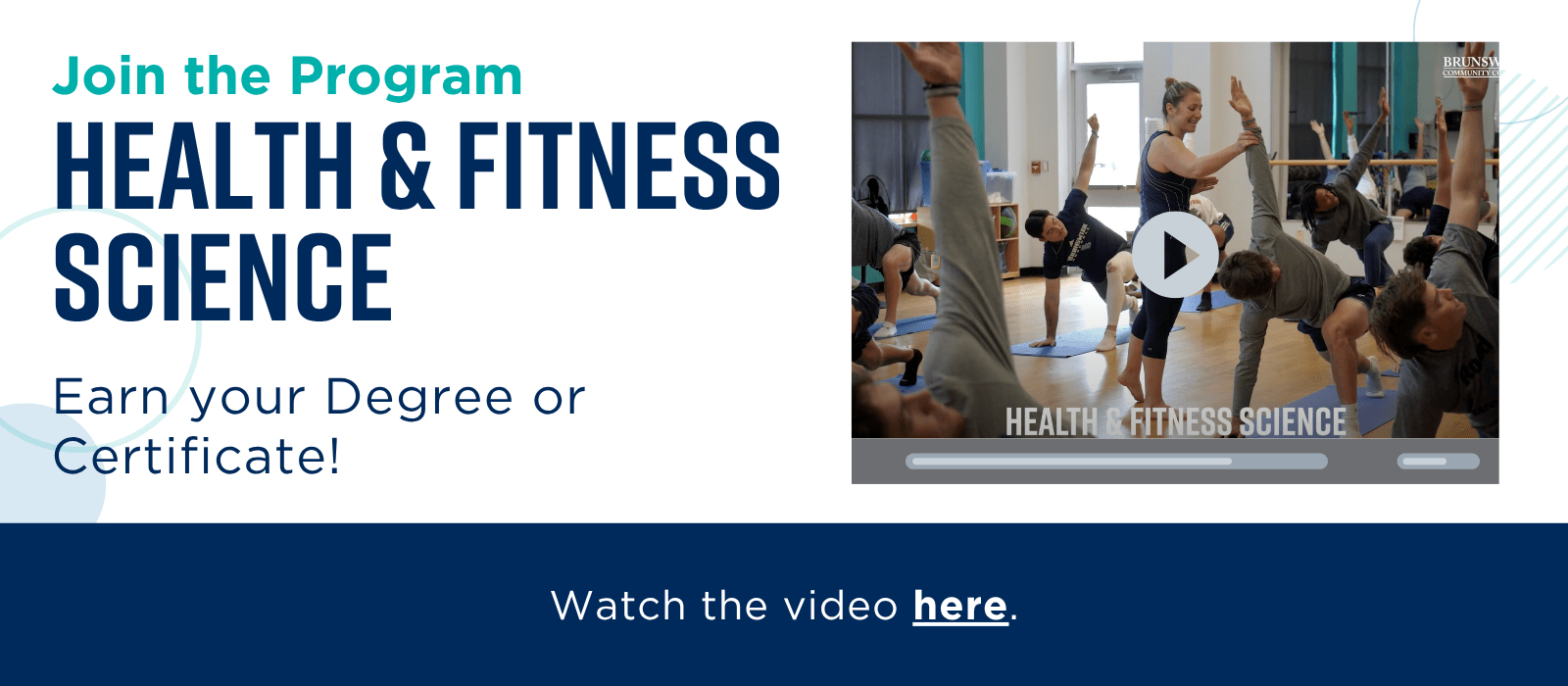 Banner showing students in yoga class as part of Health Fitness Science program