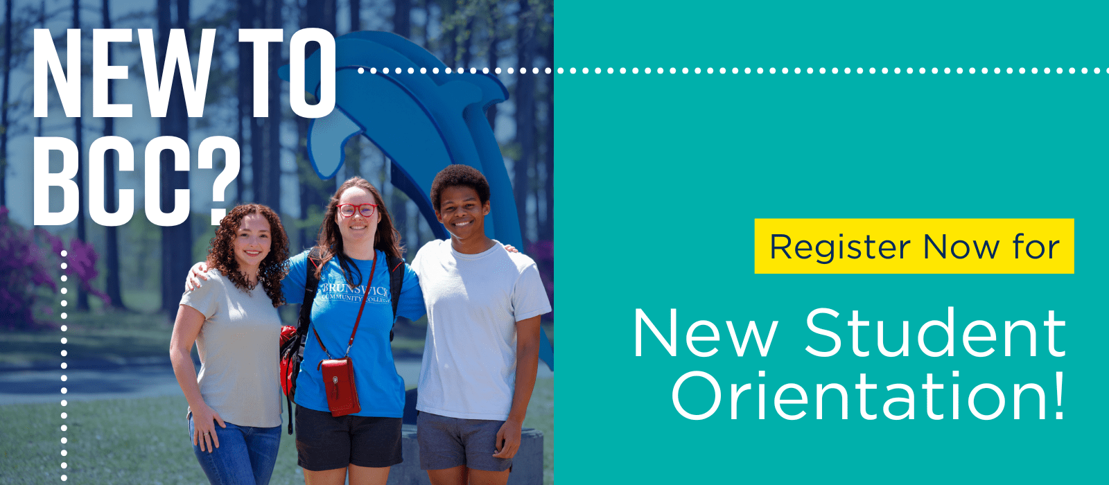 Three BCC students standing in front of the Dolphin statue