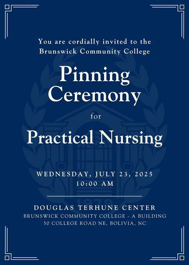 An invitation to attend the Practical Nursing Pinning Ceremony on July 23