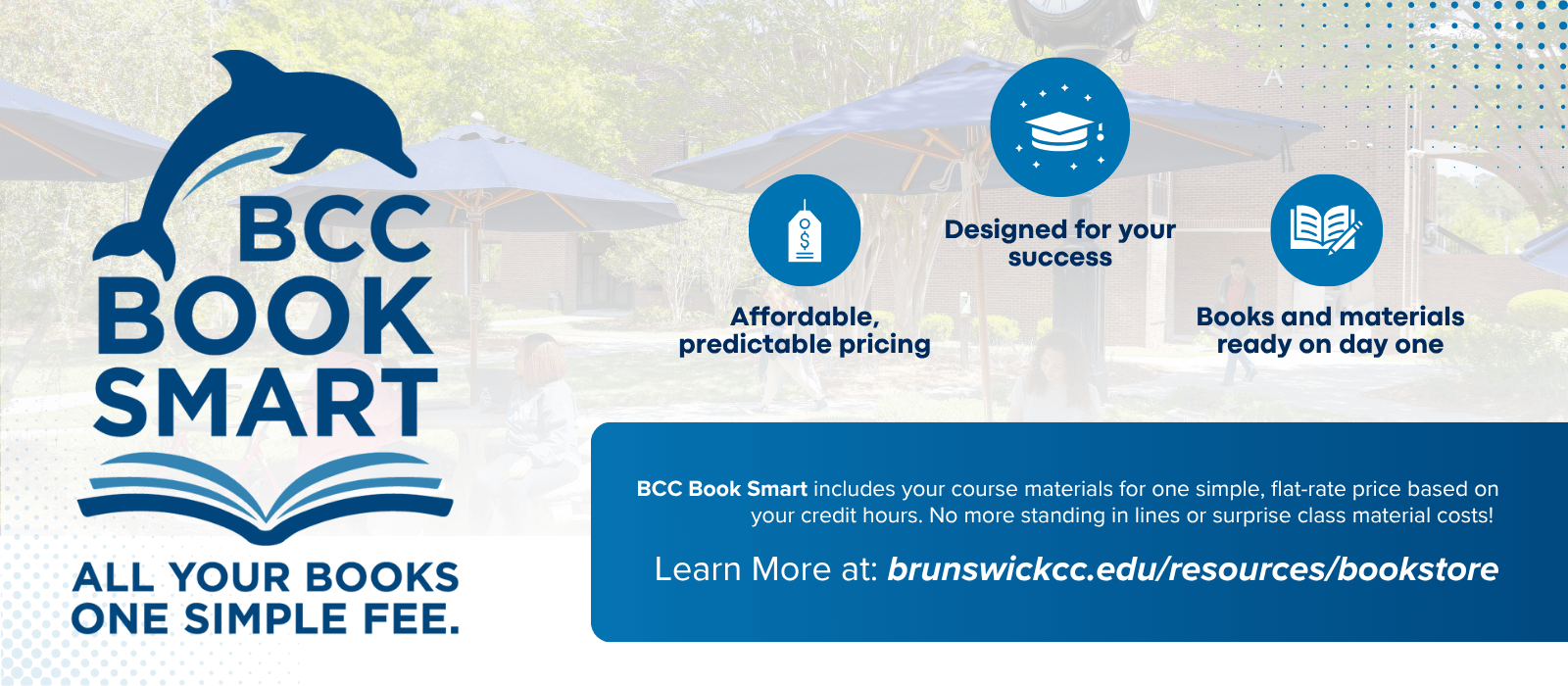 BCC Book Smart logo (dolphin and book) and info on new textbook program