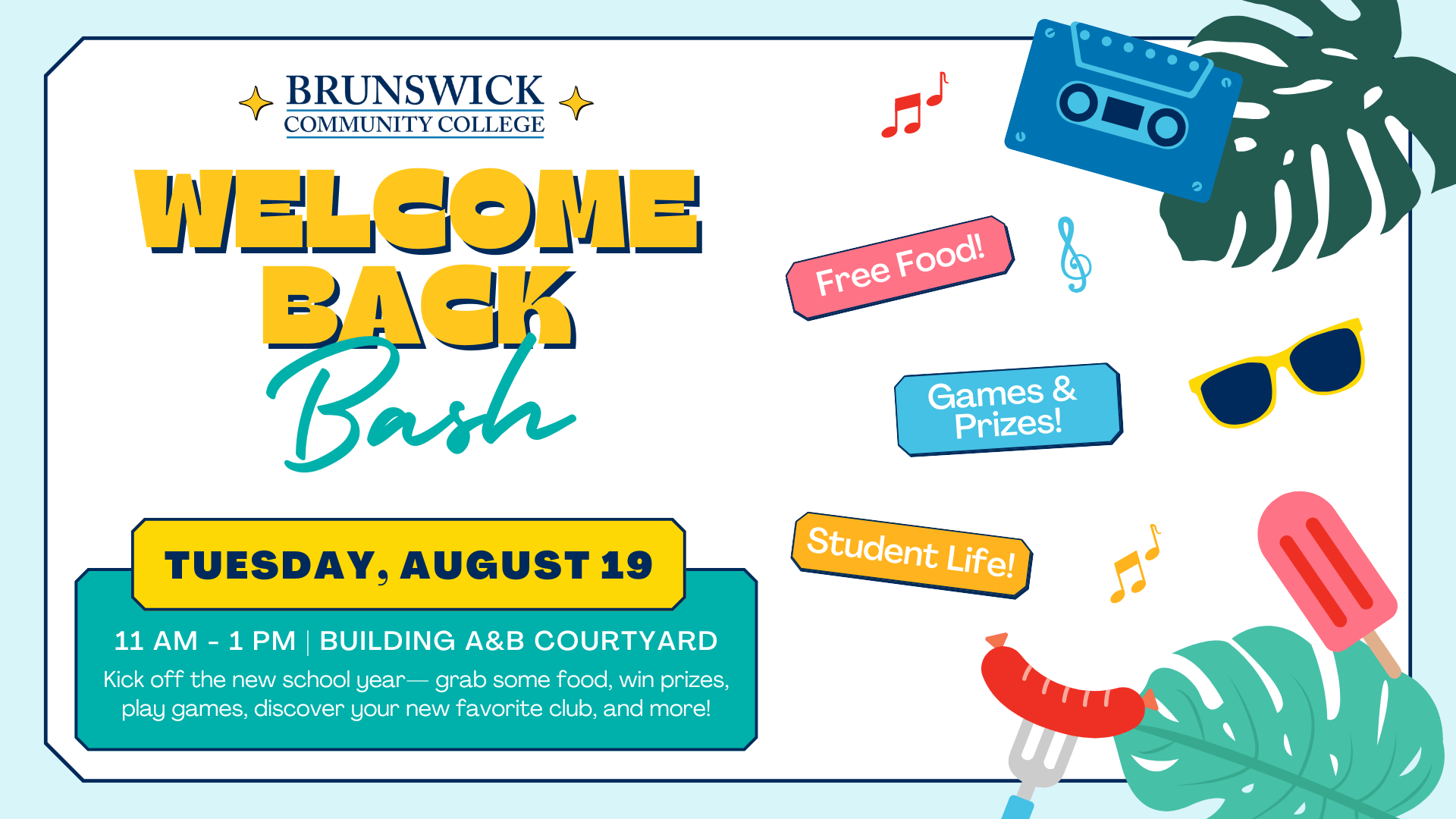 Brightly colored graphic inviting students to the Welcome Back Bash