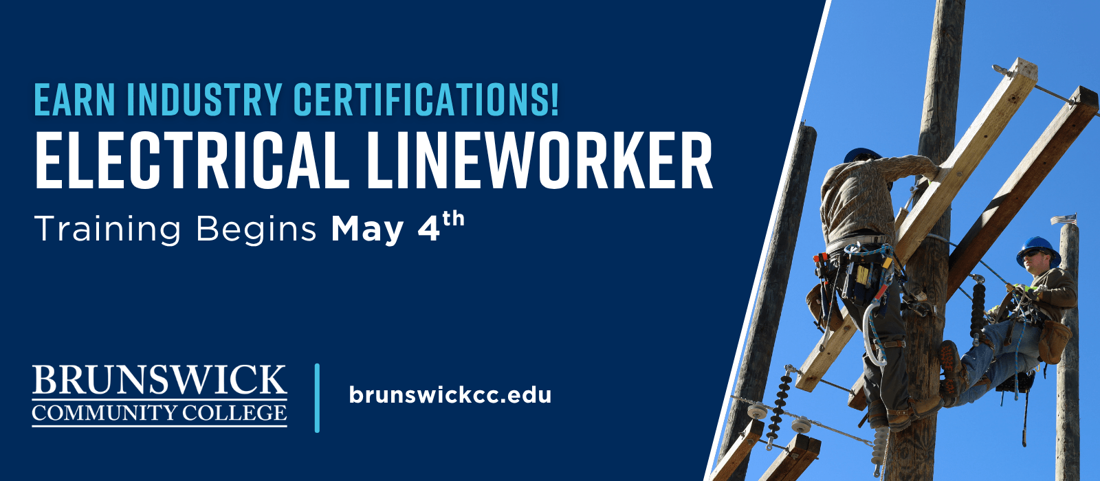 Two lineworker student training on an electrical pole