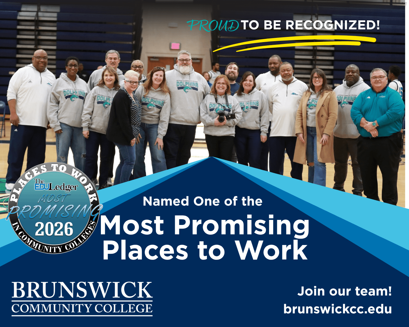 A group of BCC employees gathered on a basketball court