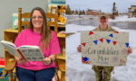 BCC Student holding a book and Airman holding a congratulations sign
