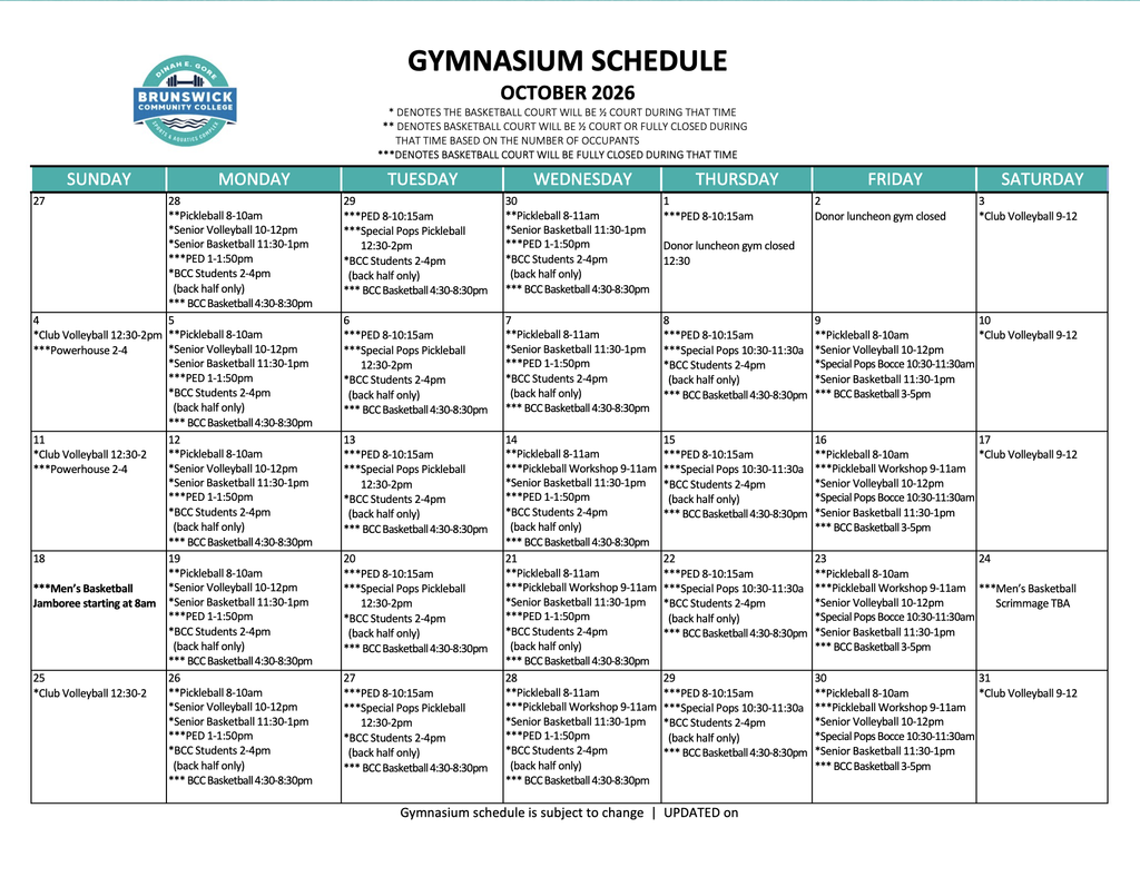 October Gymnasium Calendar